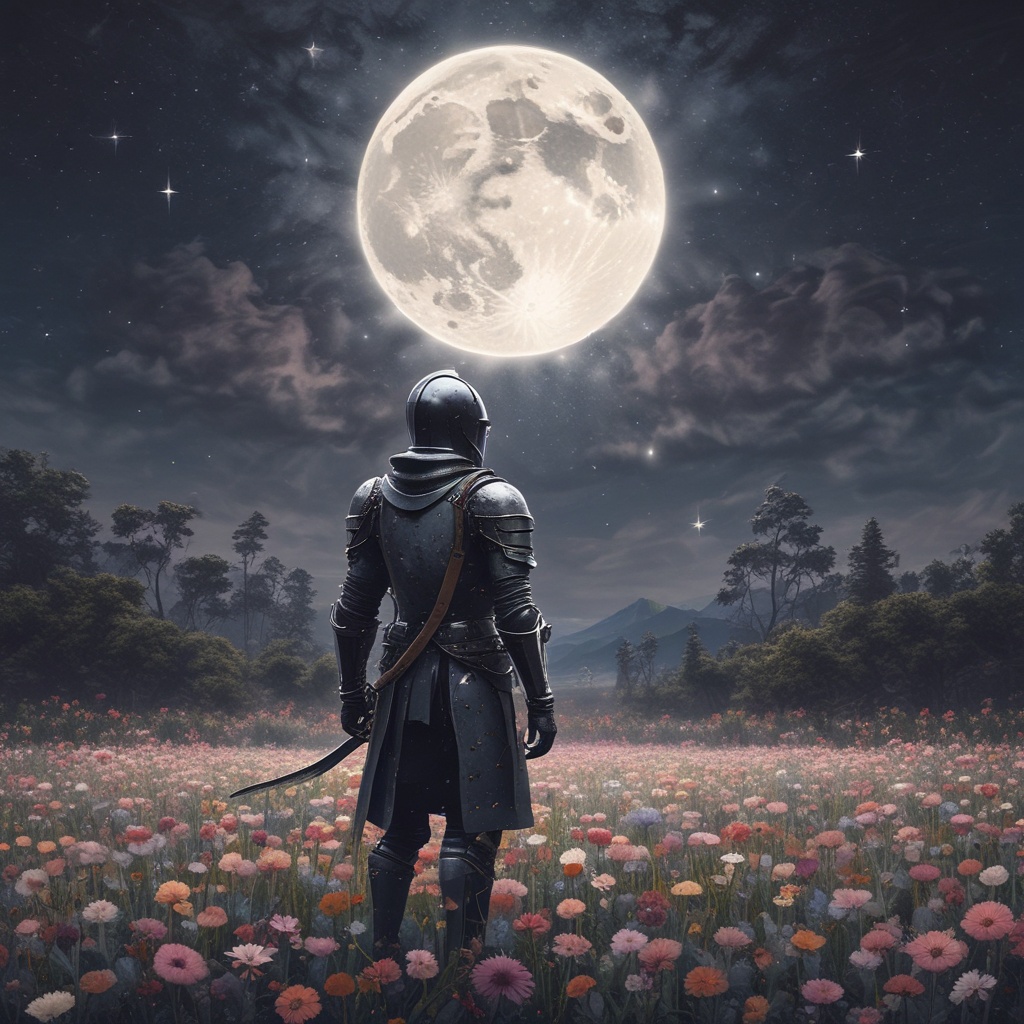 A knight gazing at a starry sky over a field of flowers